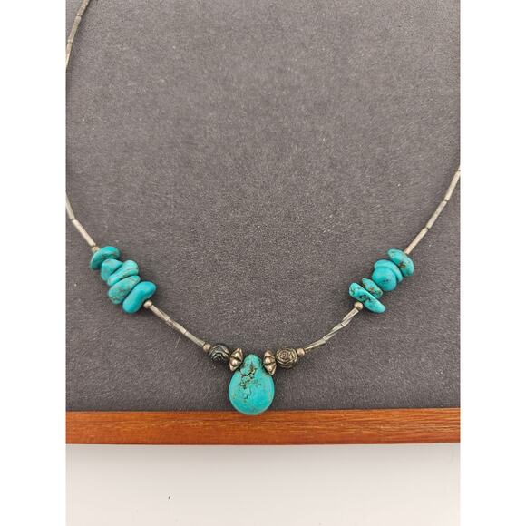 Silver Tone Turquoise Teardrop Beaded Necklace Rosette Accents Southwestern Boho - Picture 2 of 3